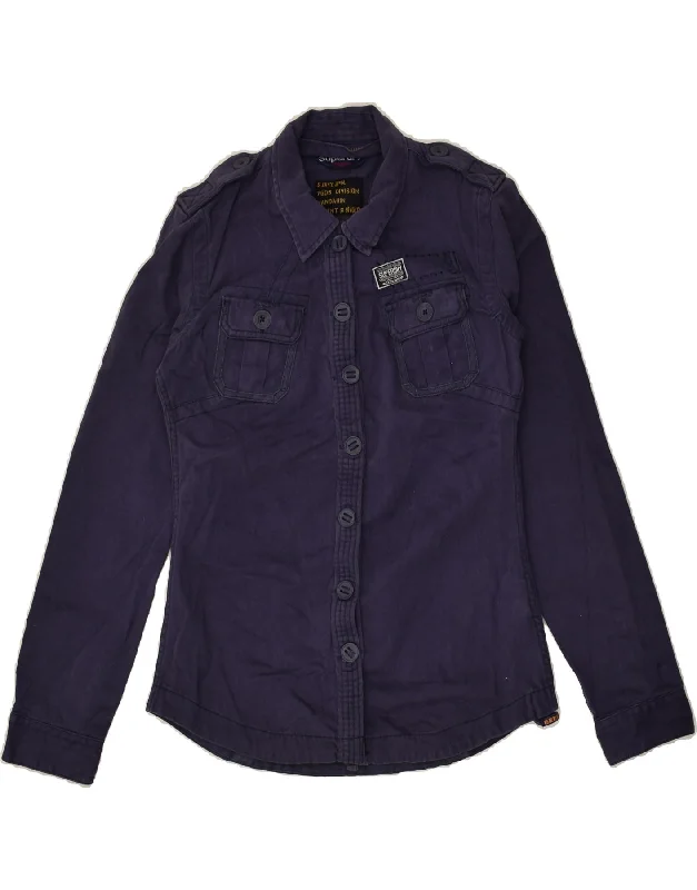 SUPERDRY Womens Military Jacket UK 12 Medium Navy Blue Cotton A-Line Jacket Boat Neck Shawl Collar