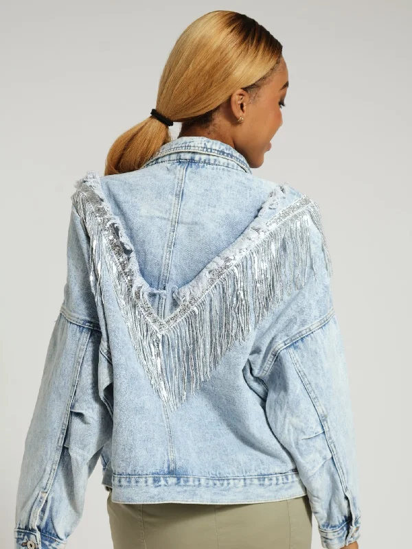 Denim Tassel Jacket - Salty Light Wash Embroidered Jacket Appliqued Jacket Beaded Jacket