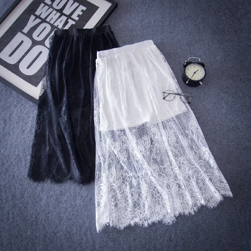 hollow body length lace backing paragraph slim slim gauze LINED SKIRT wool skirt sturdy
