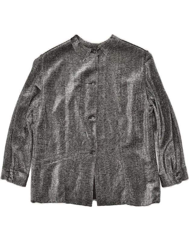 VINTAGE Womens 4 Button Blazer Jacket UK 12 Medium Silver Cotton Fabric Linen Fabric Terry Fabric