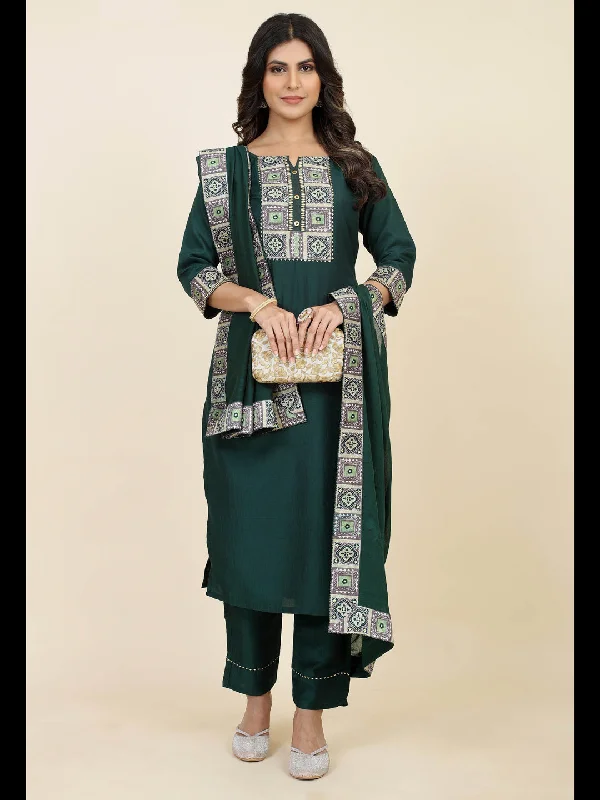 Dark Green Trendy Designer Readymade Pant Suit With Embroidery Work Lightweight Linen Pants