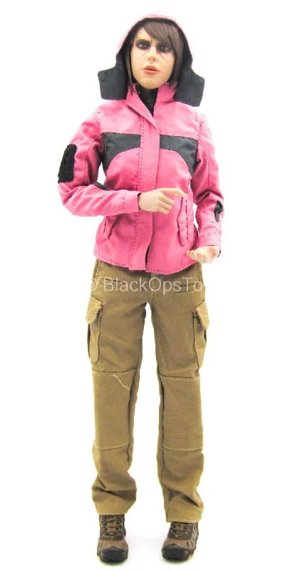 Pink Jacket & Tan Pants w/Brown Shoes Lace Jacket Ribbed Jacket Sequined Jacket