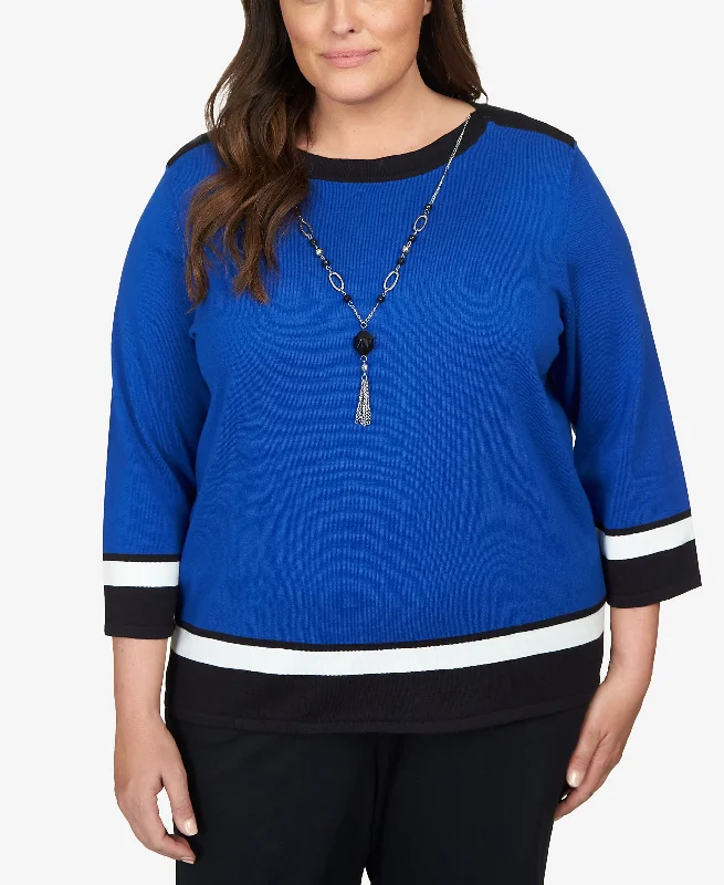 Plus Size Classics Border Stripe Boat Neck Sweater with Necklace Handmade Hand-knitted Hand-woven
