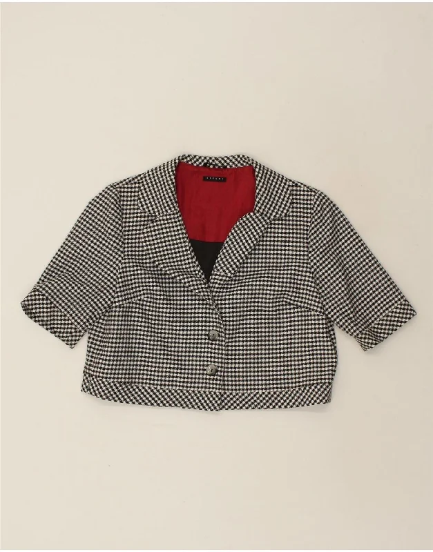 SISLEY Womens 2 Button Crop Blazer Jacket UK 14 Medium Grey Houndstooth Herringbone Jacket Checkered Jacket Solid Jacket