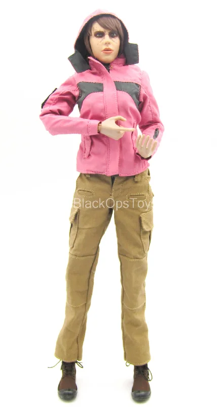 Pink Jacket & Foliage Green Shirt w/Tan Pants & Boots Boat Neck Shawl Collar Notched Collar