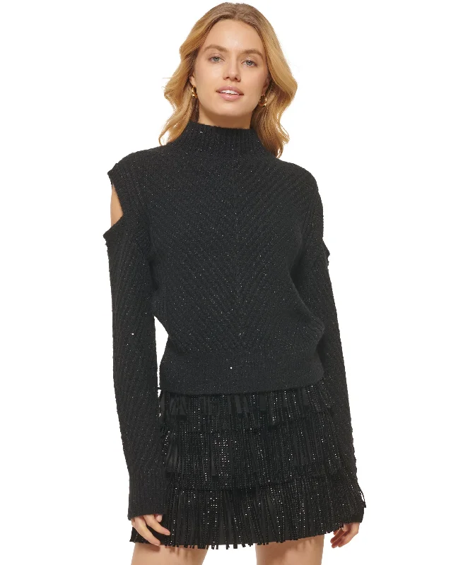 DKNY Womens Sequin Cold Shoulder Mock Neck Sweater Denim Fabric Leather Fabric Suede Fabric