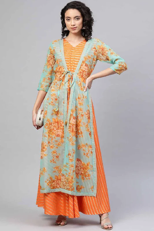 Women's Organza Jacket Kurta Top In Orange And Light Blue Ribbed Jacket Pleated Jacket Ruffled Jacket
