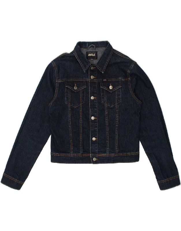 RIFLE Womens Denim Jacket UK 14 Large Navy Blue Cotton Print Jacket Jacquard Jacket Embroidered Jacket