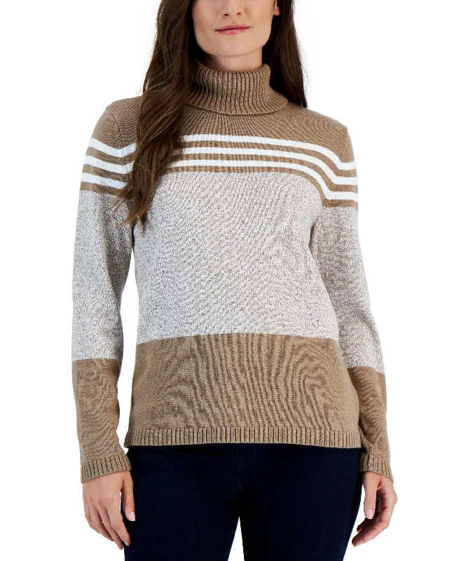 Karen Scott Womens Cotton Turtleneck Kentron Stripe Sweater Silk Blend Satin Velvet