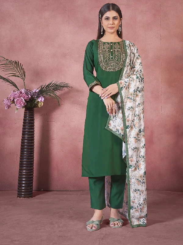 Green Designer Readymade Pant Suit With Embroidery Work Comfy High-Waist Jeans