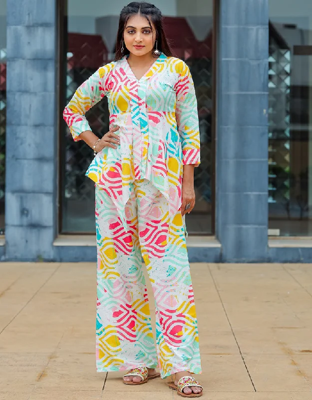 Classy Multi Color Cotton Blend Beautiful Readymade Co-Ord Top With Bottom Set Suit Design Pant Cozy Lounge Pants