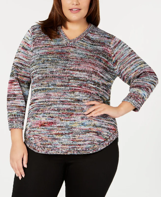 NY Collection Plus Size Marled V Neck Sweater Front Pockets Side Pockets Patch Pockets