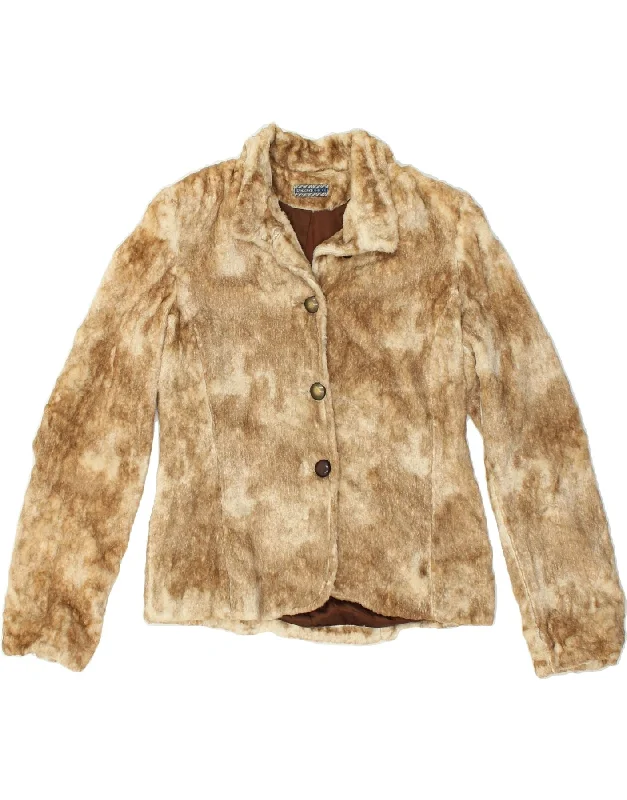 VINTAGE Womens Faux Fur Jacket IT 42 Medium Beige Notch Collar Peter Pan Collar Cowl Neck