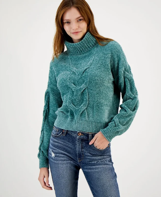 Juniors' Chenille Cable-Knit Turtleneck Sweater Hooded Caped Shawl Collar