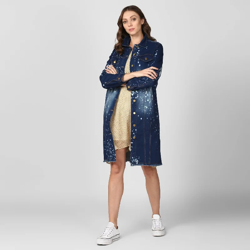 Women's Long Overcoat Style Denim Jacket with Splash effect - StyleStone Rayon Fabric Velvet Fabric Corduroy Fabric