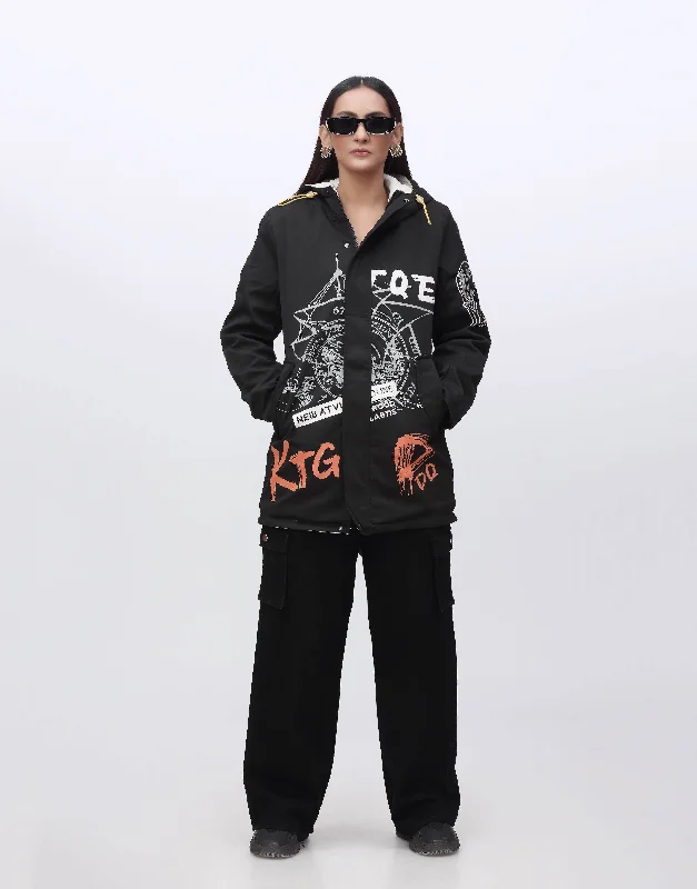 Parachute Hoodie Fleece Jacket Printed Black Belted Jacket Elasticated Jacket Padded Jacket