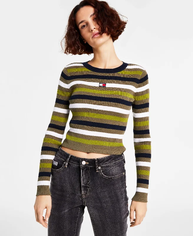 Tommy Jeans Womens Cotton Striped Ribbed Sweater Mesh Sweater Canvas Denim