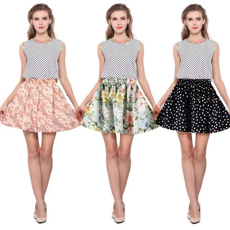 Women Retro High Waist Pleated Floral Chiffon Mini Short Casual Skirts Sweet zip skirt side