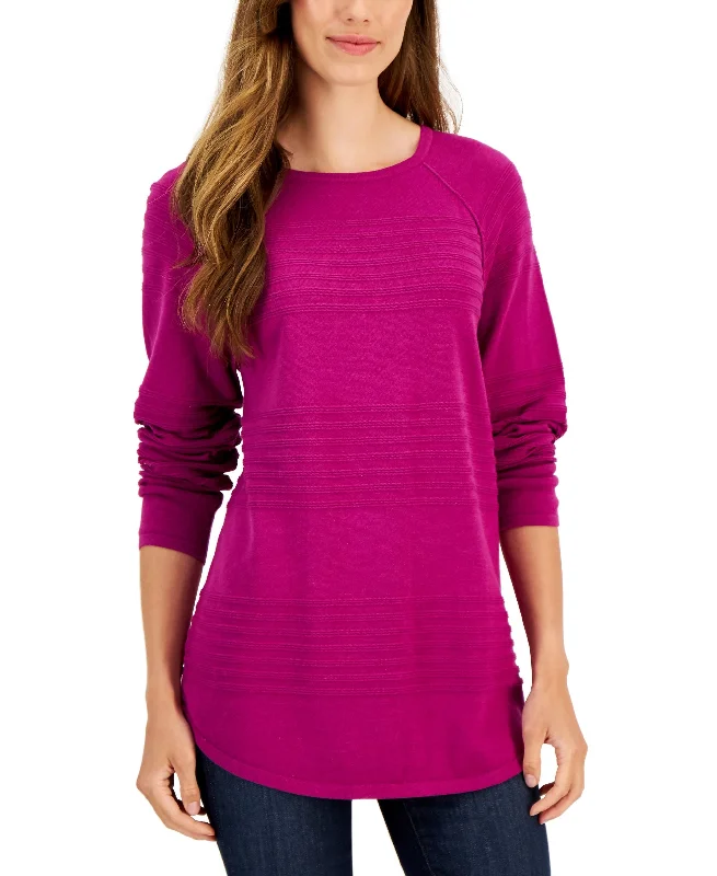 Women's Cotton Textured-Stripe Raglan-Sleeve Sweater Solid Color Striped Floral Print