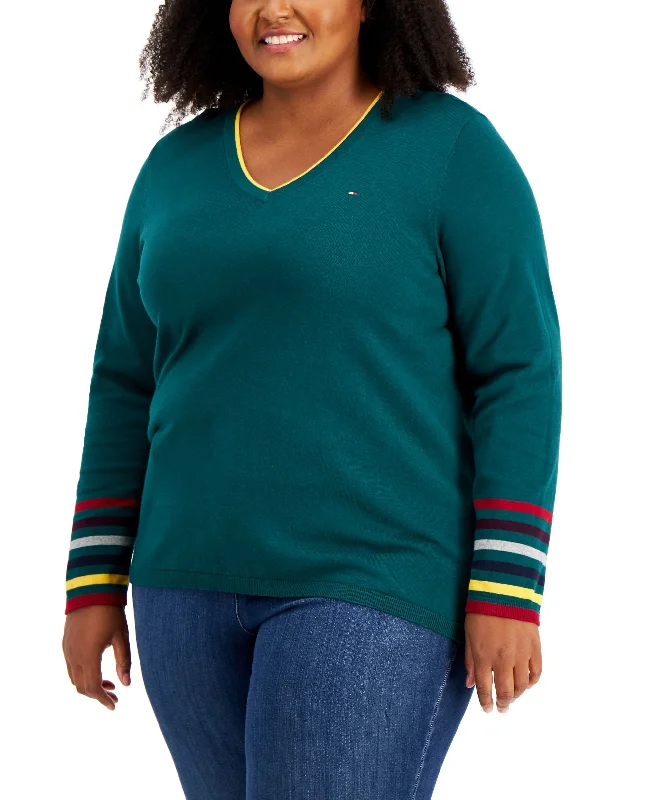 Tommy Hilfiger Plus Size Cotton Striped Trim Sweater Toggled Drawstring Belted