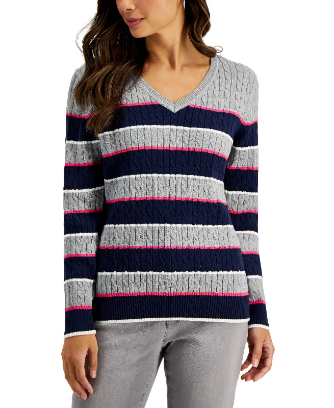 Karen Scott Gianna Cotton Striped Cable V Neck Sweater Fitted Slim Tailored