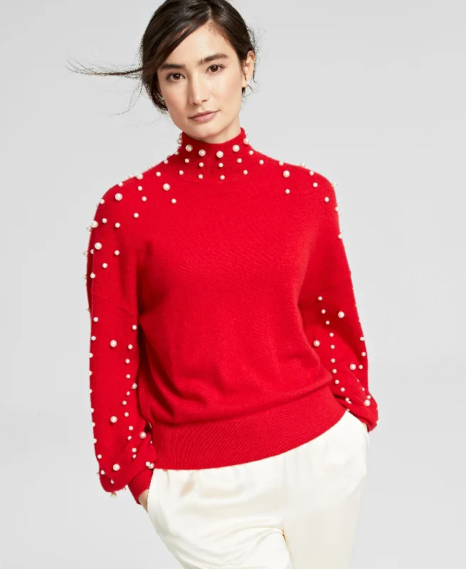 Charter Club Womens Cashmere Pearl Mock Neck Sweater Zippered Buttoned Snapped