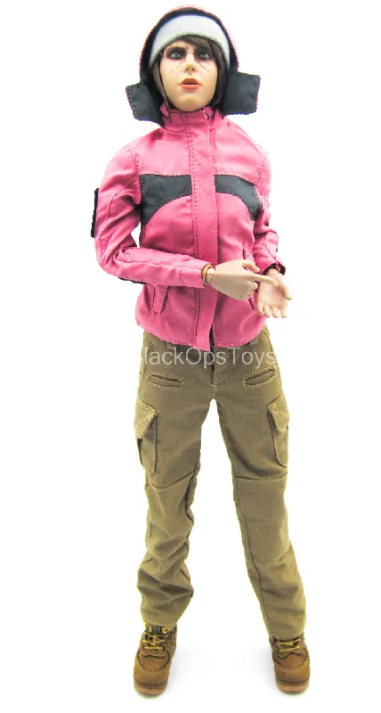 Pink Jacket & Gray Beanie w/Tan Pants & Boots Tailored Jacket Straight Jacket A-Line Jacket