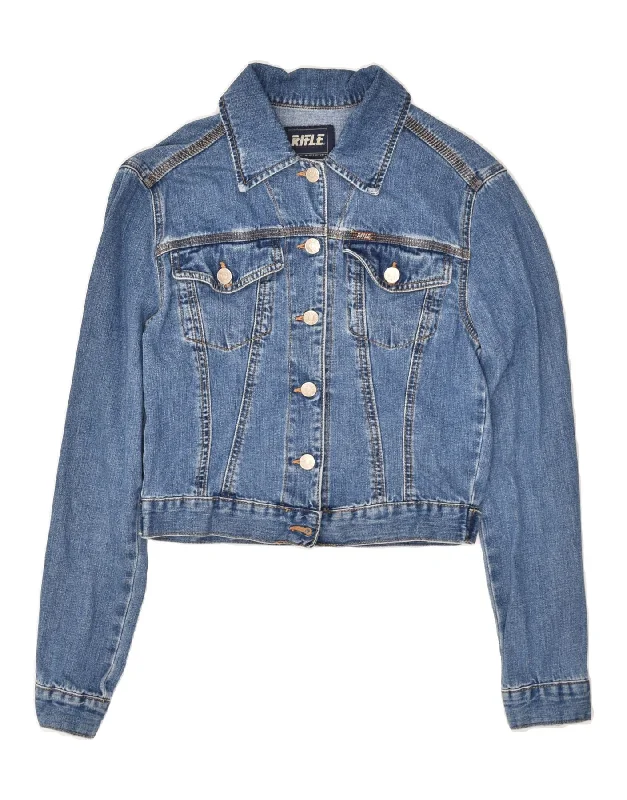 RIFLE Womens Crop Denim Jacket UK 12 Medium Blue Cotton Anorak Shell Jacket Lightweight Jacket