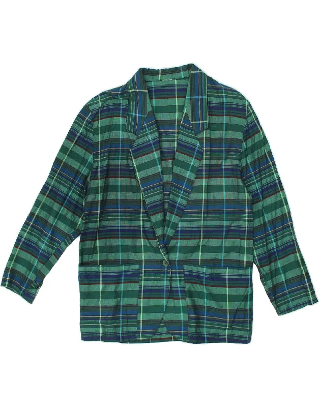 VINTAGE Womens 1 Button Blazer Jacket UK 12 Medium Green Striped Fleece Fabric Down Fabric Feather Fabric