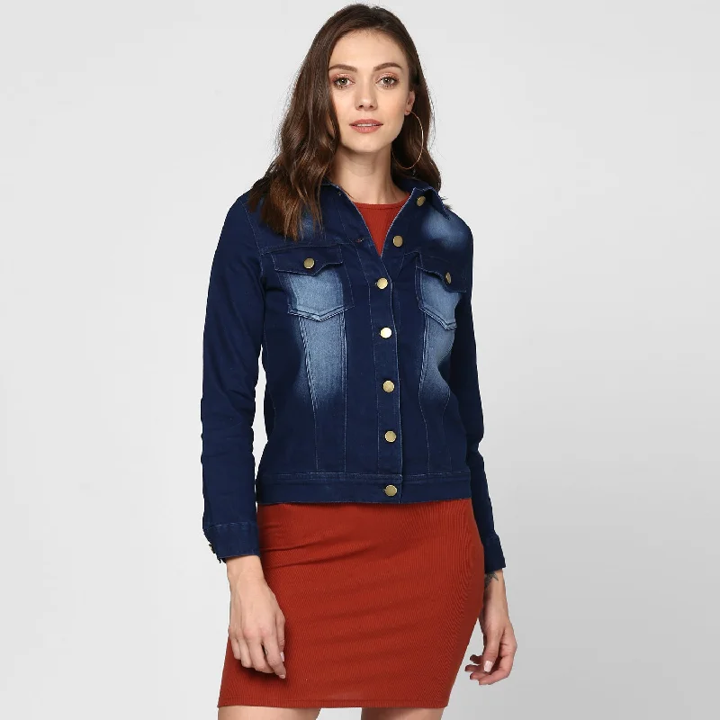 Women's Navy Blue Washed Denim Jacket - StyleStone Welt Pockets Slit Pockets Flap Pockets