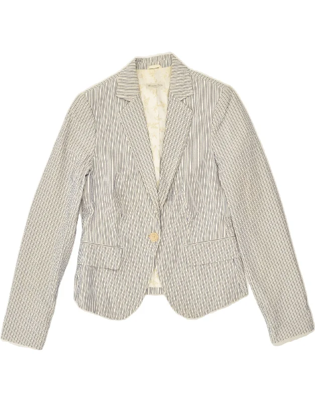 MASSIMO DUTTI Womens 1 Button Blazer Jacket EU 40 Medium Beige Pinstripe Nylon Jacket Polyester Jacket Spandex Jacket