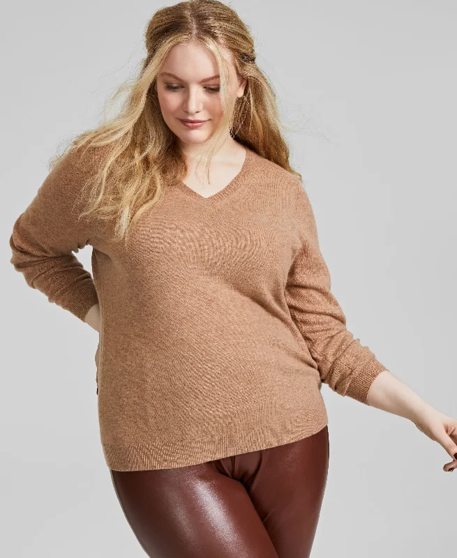 Plus Size Cashmere Wool Blend V-Neck Sweater Elasticated Padded Insulated