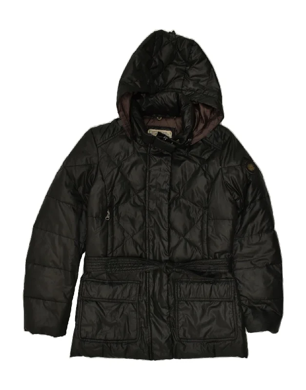 THINK PINK Womens Hooded Padded Jacket UK 6 XS Black Snapped Jacket Toggled Jacket Drawstring Jacket