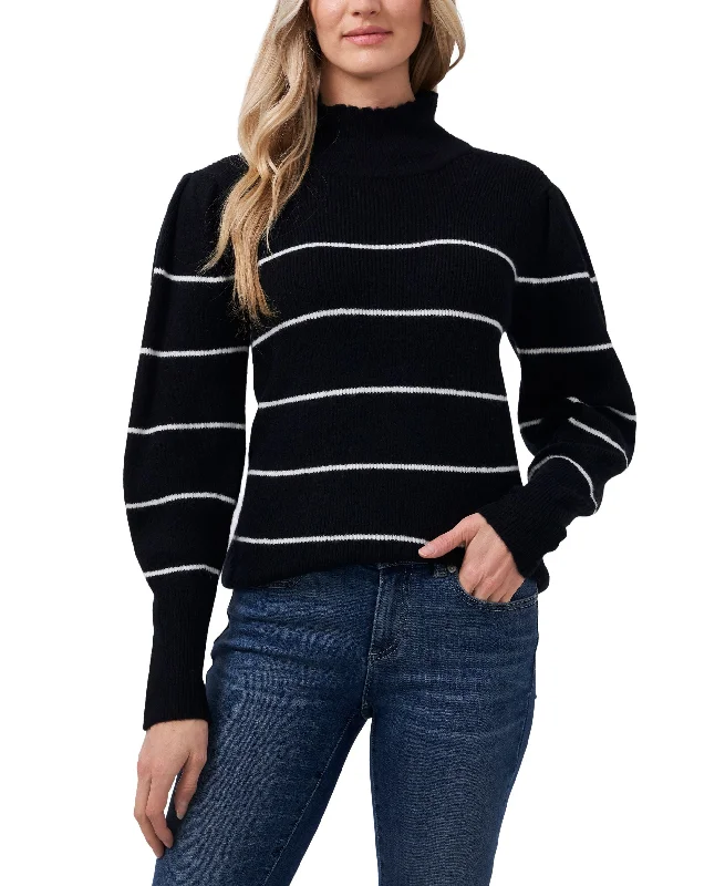Cece Striped Mock Neck Sweater Herringbone Houndstooth Plaid