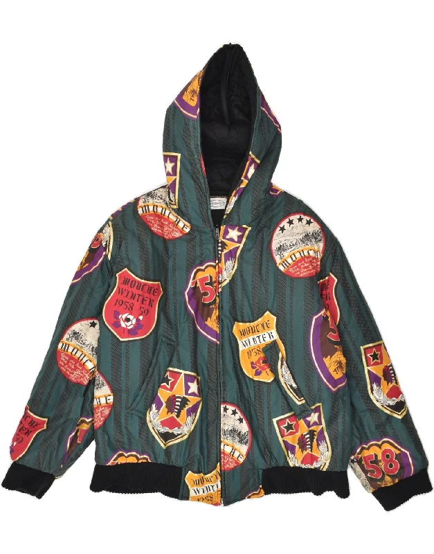MOUCHE Womens Abstract Pattern Hooded Padded Jacket UK 14 Large Green Lace Jacket Ribbed Jacket Sequined Jacket