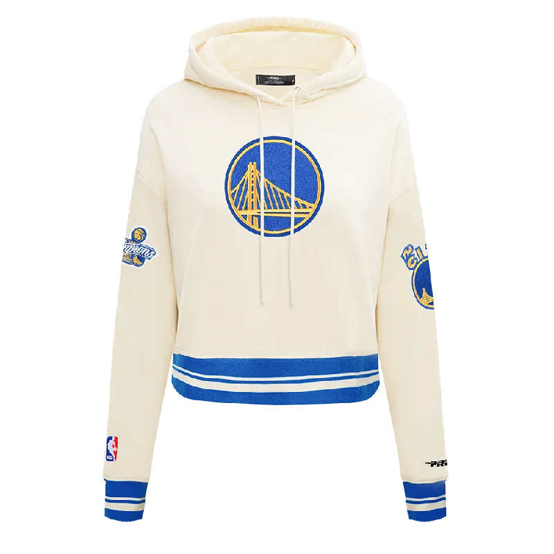 NBA GOLDEN STATE WARRIORS RETRO CLASSIC WOMEN'S CROPPED PO HOODIE (EGGSHELL/ ROYAL BLUE) Hoodie with Elastic Waist Stretchable Comfortable