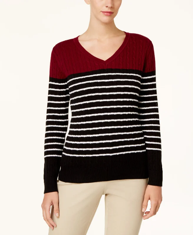 Karen Scott Cotton Colorblocked Cable Knit Sweater Faux Fur Fabric Real Fur Fabric Shearling Fabric