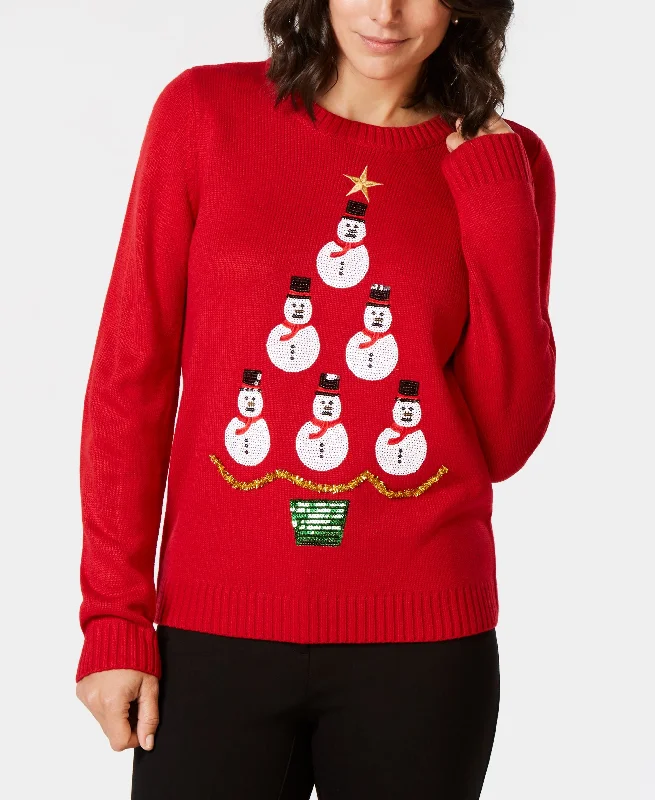 Karen Scott Sequined Holiday Snowmen Sweater Chenille Blend Fleece Blend Nylon Blend