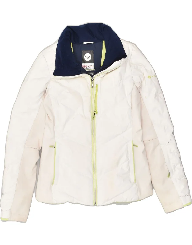 ROXY Womens Padded Jacket UK 14 Medium White Polyester Belted Jacket Elasticated Jacket Padded Jacket