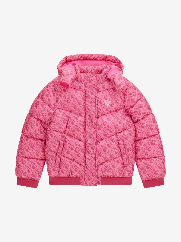 Guess Girls Hooded Puffer Jacket in Pink Faux Fur Jacket Real Fur Jacket Shearling Jacket