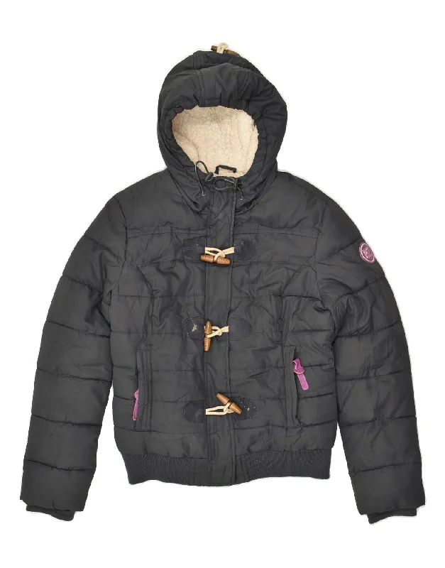SUPERDRY Womens Hooded Padded Jacket UK 14 Large Grey Polyester Boat Neck Shawl Collar Notched Collar