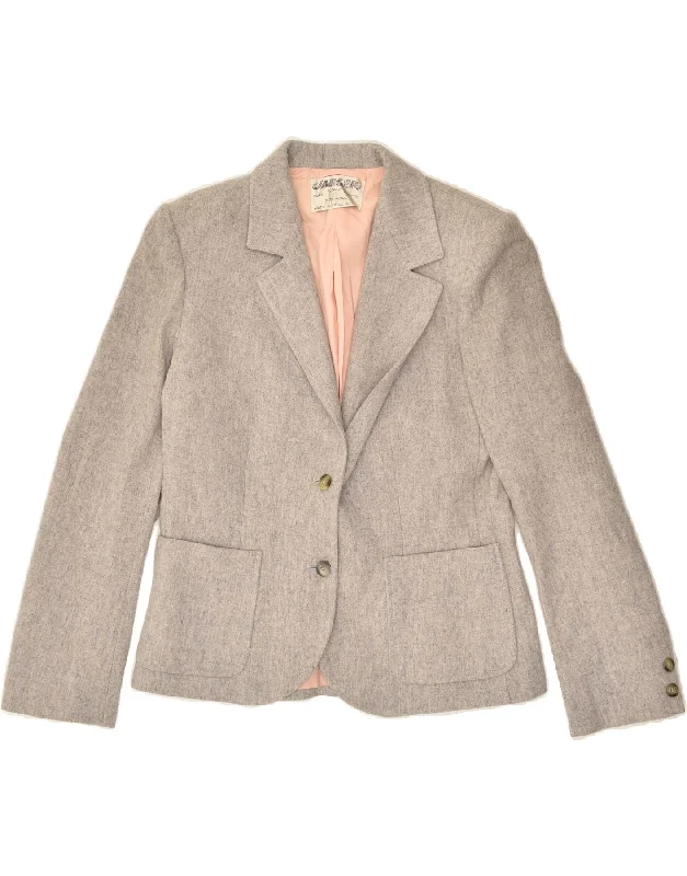 JAEGER Womens 2 Button Blazer Jacket UK 14 Medium Grey Wool Belted Jacket Elasticated Jacket Padded Jacket