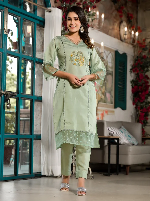 Green Designer Readymade Pant Suit With Designer Embroidery Work Stylish Casual Pants