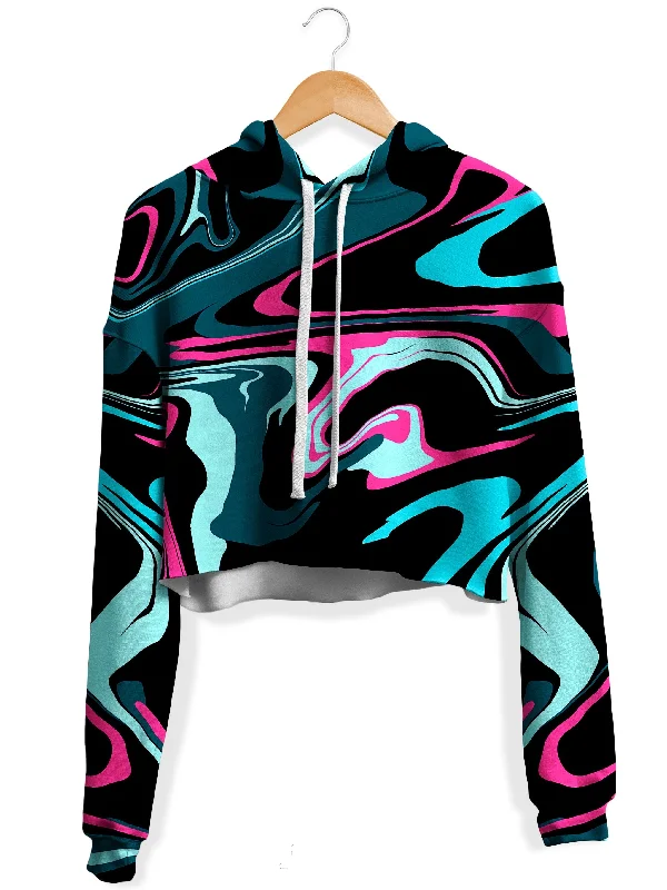 Pink Cyan Melt Fleece Crop Hoodie Hoodie with High-Low Hem Asymmetrical Trendy