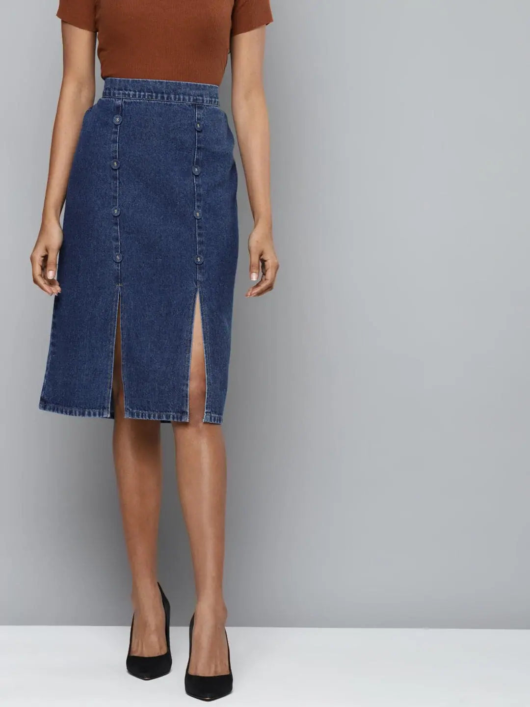 Blue Denim Pencil Midi Skirt lightweight skirt design