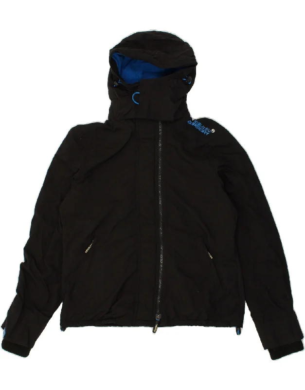 SUPERDRY Womens Hooded Windbreaker Jacket UK 16 Large Black Nylon Embroidered Jacket Appliqued Jacket Beaded Jacket