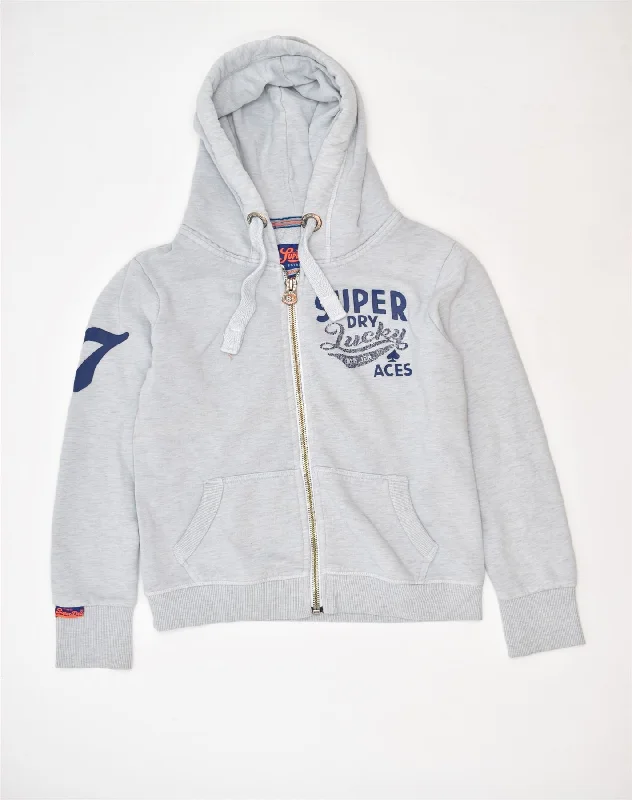 SUPERDRY Womens Zip Hoodie Sweater UK 6 XS Grey Cotton Chenille Blend Fleece Blend Nylon Blend