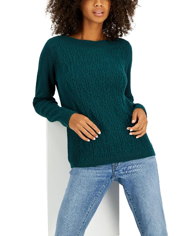 Women's Boat-Neck Cable Knit Cate Sweater Welt Pockets Slit Pockets Flap Pockets