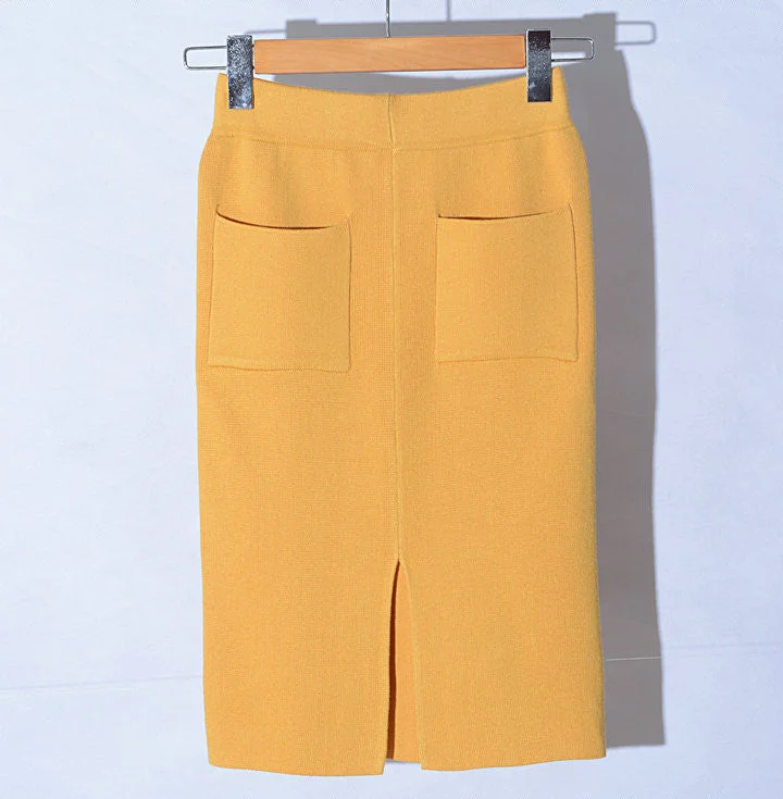 fashion all-match knitted skirt female body slim package hip skirt slit pocket skirt low waist skirt
