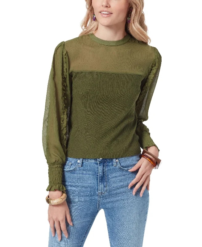 Julian Sheer Ruffle Sleeve Sweater Spandex Blend Rayon Blend Denim Blend